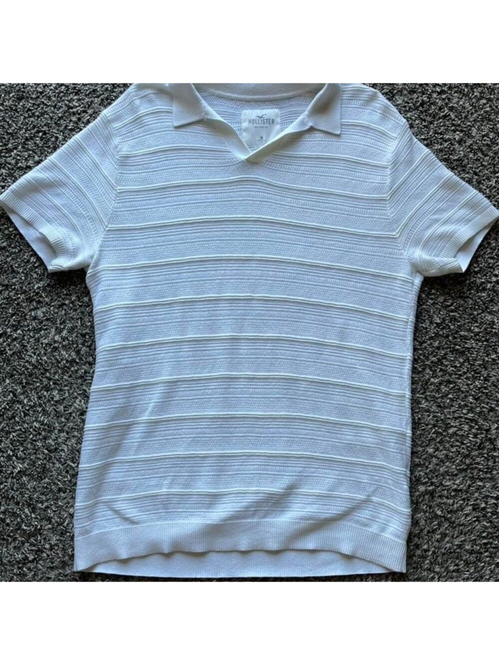 Hollister Mens White Ribbed Striped Large Polo Open Knit Breathable Summer Shirt